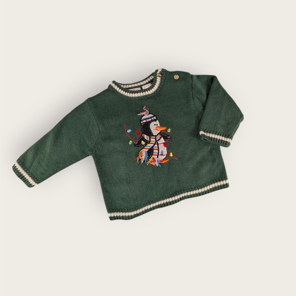 BT Kids Green Penguin Holiday Sweater 6-9 Months Christmas Embroidered Knit